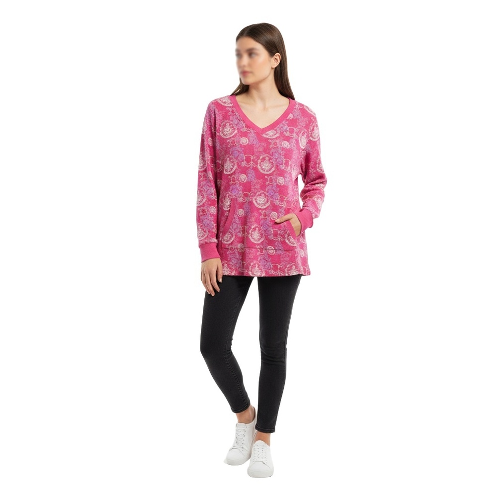 WILLOW WEAR Thermal Shirt Womens Size L‎ Pink Patterned Waffle Knit V Neck